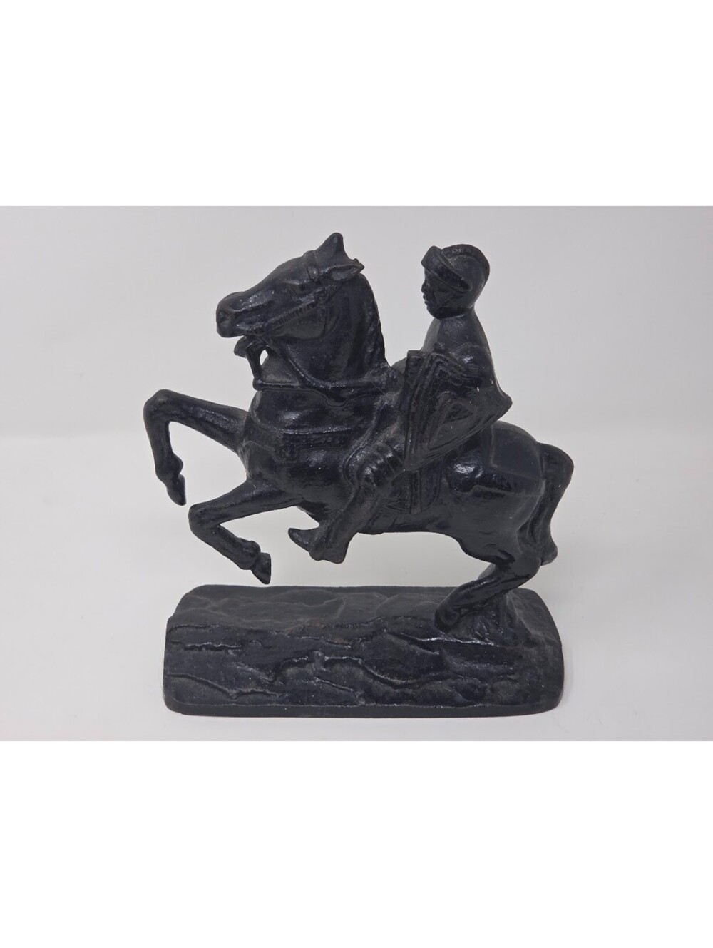 1920s Antique Cast Iron Knight Statue Black Equestrian Figure Raised Hoof Decor
